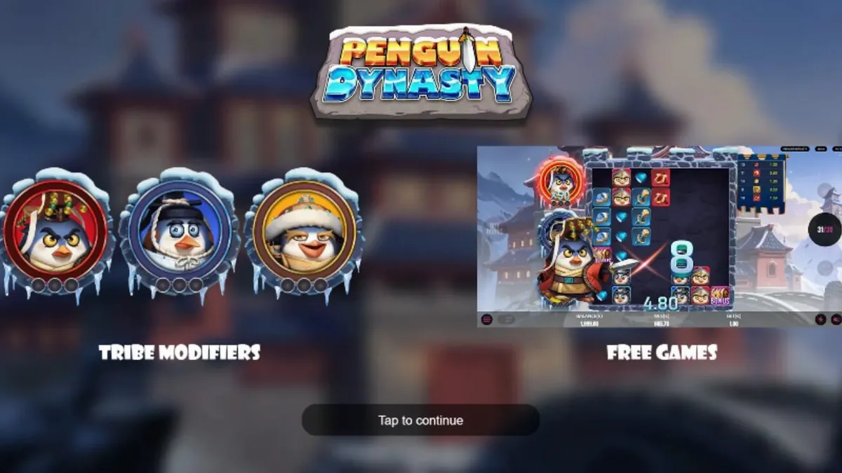 Tampilan visual slot Penguin Dynasty dengan tema penguin dan istana es